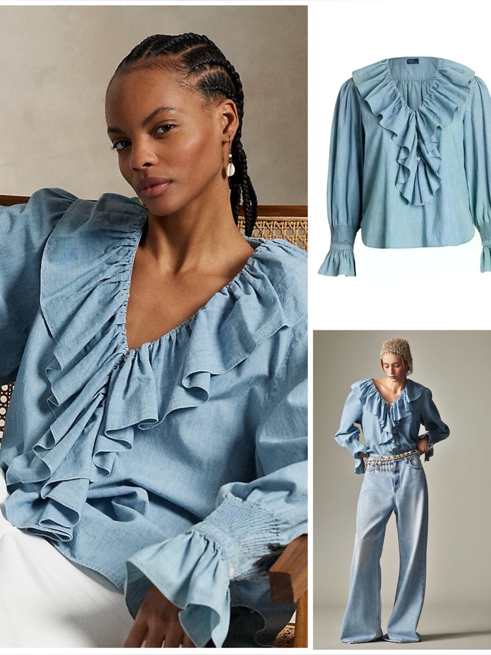 Polo RALPH LAUREN ~ Ruffle Trim Cotton Chambray Blouse